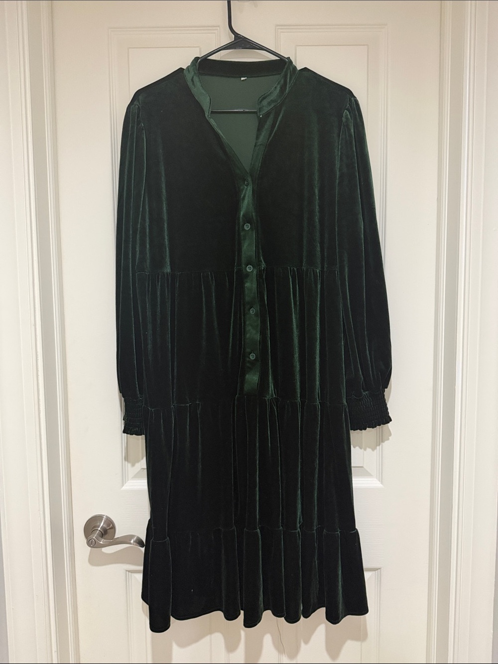 Amazon Dark Green Velvet Button-Front Tiered Long Sleeve Dress